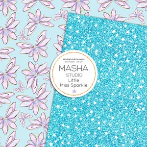 May include: Two digital paper patterns. The first pattern is a light blue background with pink and gold flowers. The second pattern is a light blue background with white stars on a glittery surface. The text "MASHA STUDIO Little Miss Sparkle" is in a circle on the image.