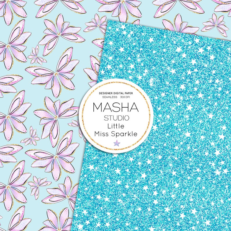 May include: Two digital paper patterns. The first pattern is a light blue background with pink and gold flowers. The second pattern is a light blue background with white stars on a glittery surface. The text "MASHA STUDIO Little Miss Sparkle" is in a circle on the image.