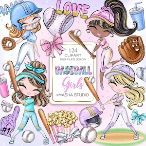 May include: A set of 124 digital clipart images featuring girls playing baseball. The images include girls in various poses, baseball bats, balls, a popcorn bucket, a baseball helmet, and the words "Love" and "Baseball Girls".