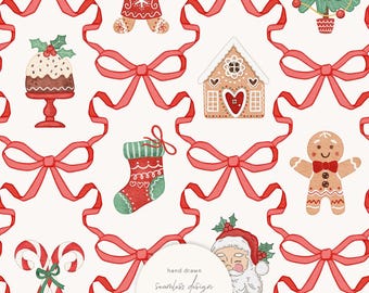 Red Christmas Trellis Bows Seamless Pattern by Masha Studio, Santa, Gingerbread, Candy Cane, Tree, Coquette Bows (Digital Download)