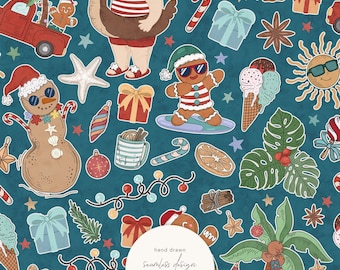 Christmas in July Seamless Pattern by Masha Studio | Vintage Tropical Christmas Digital Paper | Cute Santa in Swim Suit | Digital Download