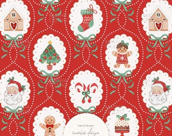 Red Christmas Cameo Seamless Pattern by Masha Studio: Santa Claus, Tree, Gingerbread man, Cake, House, Green Bows (Digital Download)