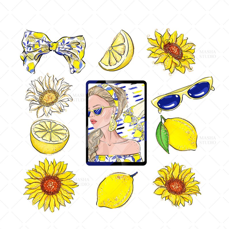 May include: A digital illustration of a woman with blonde hair wearing sunglasses, a yellow headband, and a yellow and blue patterned dress. The image also includes lemons, sunflowers, and a pair of sunglasses.