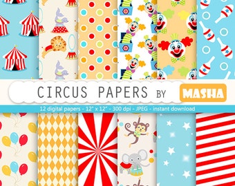 Circus papers: "CIRCUS DIGITAL PAPER" with circus patterns, clown patterns, carnival patterns for scrapbooking, invitations, cards