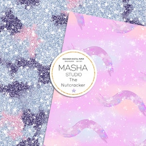 May include: Two digital paper designs featuring a winter theme. The first design is a silver glitter background with pink and purple stars. The second design is a pink background with white snowflakes and a light blue and purple watercolor design. The text "DESIGNER DIGITAL PAPER SEAMLESS 300 DPI MASHA STUDIO The Nutcracker" is in a white circle on the second design.