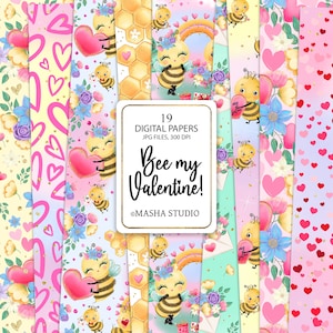 Hand Drawn Patterns, Valentine&#39;s Day Seamless Patterns, Bee Digital Paper, Love Digital Papers, Love Patterns, valentine Patterns, Seamless