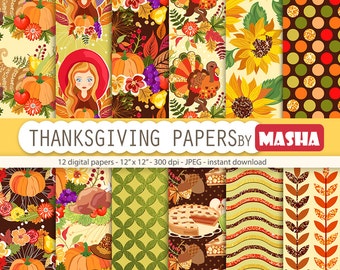 Thanksgiving papers: "THANKSGIVING DIGITAL PAPERS" with Thanksgiving patterns, turkey pattern, pumpkin pattern, 12 images 300 dpi. jpg files