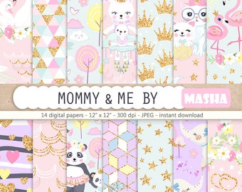 Nursery Digital Paper Pack, Mommy and Me Digital Papers, Baby Animal Pattern, Mother Digital Paper, Baby Planner Stickers, Baby Patterns