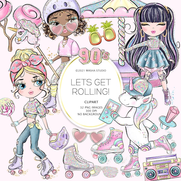 Masha Studio's 2021 Roller Skating Clipart, 90s Clipart, Roller Skates Clipart, 90s Illustrations, Fun Clipart, Planner Stickers, POD