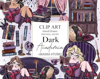 Dark Academia Hand Drawn Clipart, Books Clipart, Vintage Books,  Dark Literature Clipart, Bookshelf Clipart, Gothic Clipart, Bookworm