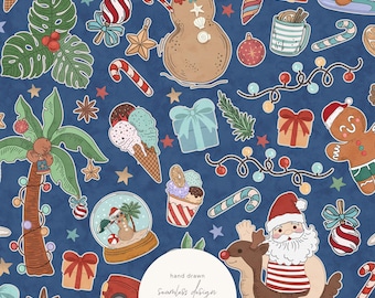 Christmas in July Seamless Pattern | Tropical Christmas Digital Paper, Cute Santa Claus, Hot Xmas, Retro Christmas Fabric (Digital Download)
