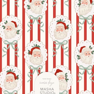 Puede incluir: Un patrón continuo con una ilustración repetida de cabezas de Santa Claus dentro de marcos ovalados festoneados con lazos verde claro y acebo, sobre un fondo de rayas verticales rojas y blancas. El texto dice: hand drawn seamless design MASHA STUDIO 12x12 INCHES.
