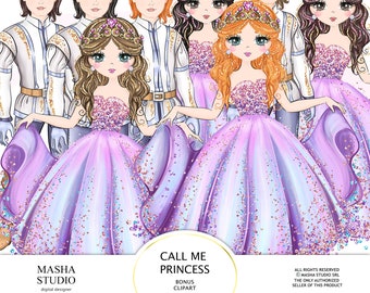 Princess Clipart, Prince Clipart, Princess Planner Stickers, Princess Illustration, Hand Drawn Princess, Princess Girl Clipart