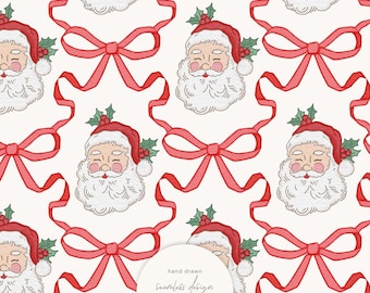 Cute Santa Claus and Red Bow Trellis Seamless Pattern by Masha Studio, Coquette Bow Digital Paper, Watercolor Christmas Digital Paper