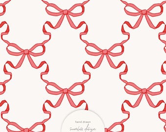 Red Bow Trellis Seamless Pattern by Masha Studio, Red Coquette Bow Digital Paper for Commercial Use, Vintage Christmas Bow, Classic Holiday