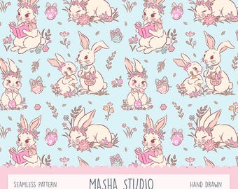 Osterhase Musterdesign, Hand gezeichnetes Blumenmuster (Digitaler Download)