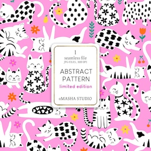 Puede incluir: Un patrón abstracto sobre un fondo rosa con gatos blancos y negros, y elementos florales. Los gatos están representados en varias poses. Un rectángulo blanco muestra el texto "ABSTRACT PATTERN" y "limited edition".