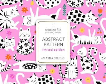 May include: A pink background featuring a repeating pattern of white cats with black spots and floral details. The cats are in different positions. A white rectangle contains the text "ABSTRACT PATTERN" and "limited edition".