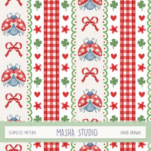 May include: Watercolor seamless pattern with ladybugs, bows, hearts, clovers, and flowers. Red and white gingham stripes alternate with decorative borders. The text "MASHA STUDIO" and "HAND DRAWN" are included.