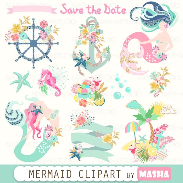Summer clipart: "MERMAID CLIPART" with mermaids, navy clipart, nautical clipart, anchor clipart, island, 13 images, 300 dpi. PNG files