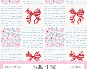Floral Cheker Seamless Pattern by Masha Studio, Preppy Pink, Blue and Red Small Flowers, Vintage Checkerboard, Coquette Bow Digital File