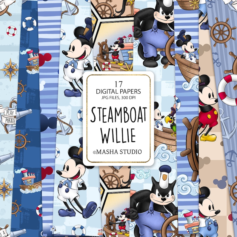 Digitala papper med Ångabåten Willie, digitala papper med marinblå färger, digitala papper med pojkar, mönster med pojkar, nautiska mönster, Masha Studio, planeringsklistermärken bild 1