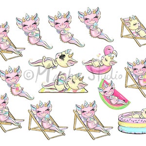May include: A set of 12 digital illustrations featuring cute pink and purple dragons enjoying summer activities. The dragons are depicted relaxing on beach chairs, reading books, floating in inflatable pools, and enjoying ice cream cones.