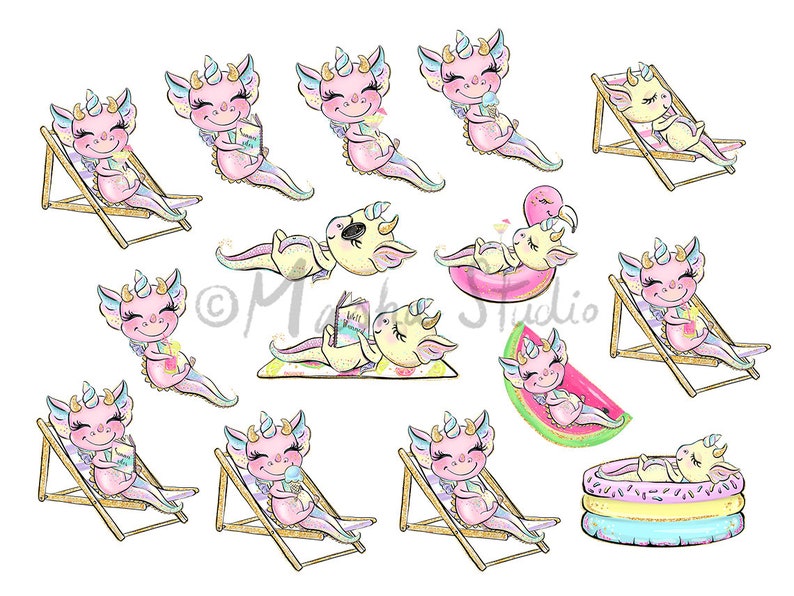 May include: A set of 12 digital illustrations featuring cute pink and purple dragons enjoying summer activities. The dragons are depicted relaxing on beach chairs, reading books, floating in inflatable pools, and enjoying ice cream cones.