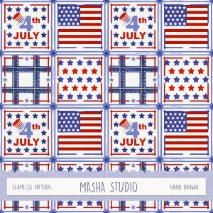 Könnte beinhalten: Nahtloses Muster mit patriotischen Designs, darunter amerikanische Flaggen, Sterne und der Text "4th July". Das Design ist in Rot, Weiß und Blau gehalten und hat eine handgezeichnete Ästhetik. Der Text "MASHA STUDIO" und "HAND DRAWN" sind ebenfalls vorhanden.