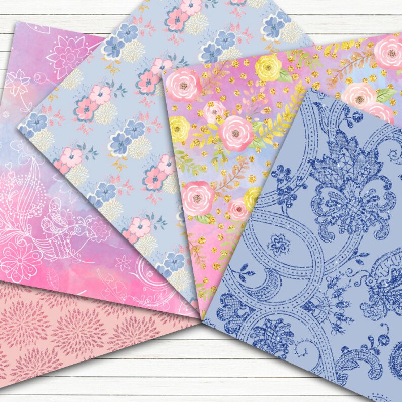 Summer digital papers: Rose Quartz and Serenity digital papers with blue patterns, pink patterns, floral digital papers, glitter patterns image 2