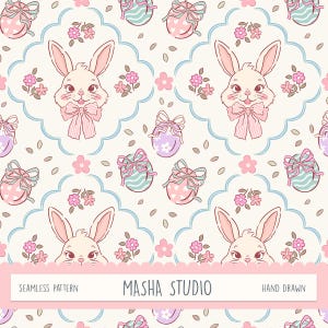 May include: Seamless pattern featuring a repeating design of a bunny face with a pink bow, Easter eggs with bows, and pink flowers. The background is off-white with a light blue scalloped border. The text "MASHA STUDIO" and "HAND DRAWN" are visible.