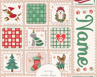 Custom Dog Name Christmas Seamless File, Hand Drawn Patchwork Puppy Personalized Name (Digital Download)