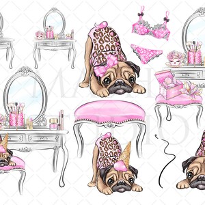 May include: A set of digital illustrations featuring a pug dog wearing a leopard print dress and a pink bow. The pug is sitting on a vanity with a mirror and makeup brushes. There are also other vanity sets with mirrors and makeup brushes. The illustrations are in a cartoon style and are perfect for use in digital scrapbooking, card making, and other creative projects.