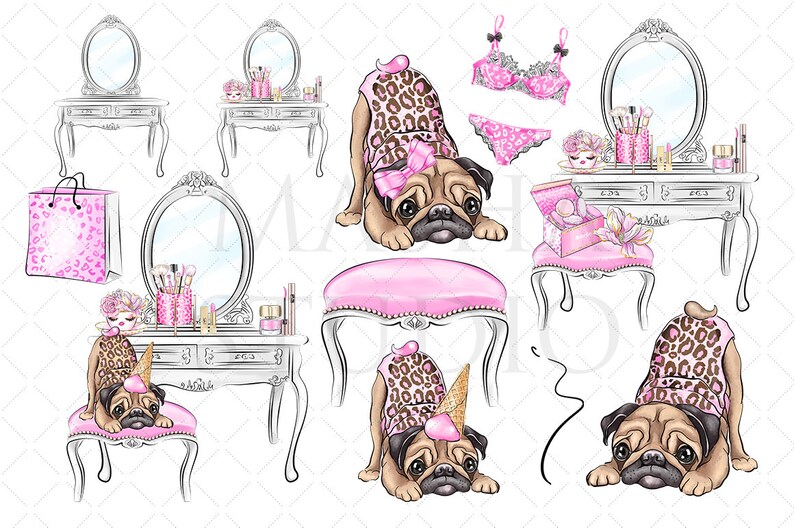 May include: A set of digital illustrations featuring a pug dog wearing a leopard print dress and a pink bow. The pug is sitting on a vanity with a mirror and makeup brushes. There are also other vanity sets with mirrors and makeup brushes. The illustrations are in a cartoon style and are perfect for use in digital scrapbooking, card making, and other creative projects.