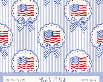 Patriotic Seamless Pattern by Masha Studio: Flags and White and Blue Bows, 4th of July Independence Day File (Digital Download)