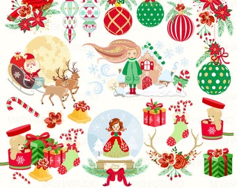 Clipart de Noël : « CLASSIC CHRISTMAS CLIPART » avec clipart hiver, clipart boule de Noël, clipart snowglobe, 28 images, 300 dpi. fichiers png