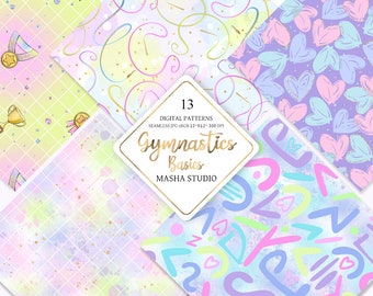 May include: A set of 13 digital patterns featuring a gymnastics theme. The patterns include colourful hearts, ribbons, trophies, and geometric shapes on a pastel background with gold glitter accents. The text "Gymnastics Basics" is displayed in a gold frame.