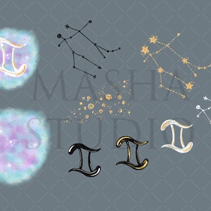 Puede incluir: Una ilustraci&oacute;n con s&iacute;mbolos y constelaciones del signo zodiacal de G&eacute;minis. La imagen incluye dos fondos de estilo acuarela con el s&iacute;mbolo de G&eacute;minis en dorado. Otros elementos incluyen s&iacute;mbolos y contornos de constelaciones de G&eacute;minis en negro, dorado y blanco.