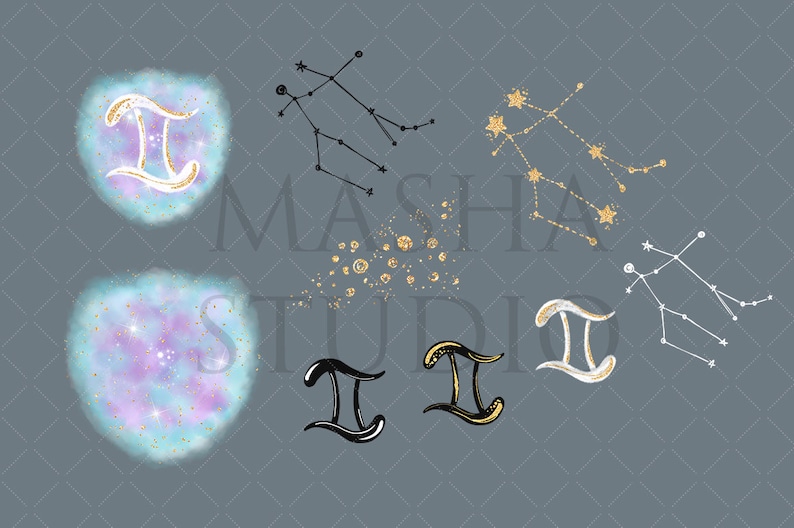 Puede incluir: Una ilustraci&oacute;n con s&iacute;mbolos y constelaciones del signo zodiacal de G&eacute;minis. La imagen incluye dos fondos de estilo acuarela con el s&iacute;mbolo de G&eacute;minis en dorado. Otros elementos incluyen s&iacute;mbolos y contornos de constelaciones de G&eacute;minis en negro, dorado y blanco.