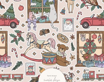 Vintage Christmas Seamless Pattern by Masha Studio | Cute Holiday Digital Paper | Hand Drawn Winter Print | Fabric Design | Commercial Use
