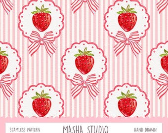 Strawberry Fruit Cameo Seamless Pattern by Masha Studio | Pink Summer Cottagecore File | Coquette Pink Print | Digital Download
