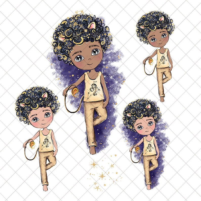 May include: Four illustrations of a cartoon child with brown skin and black curly hair wearing a yellow tank top with a gold lion zodiac symbol. The child is holding a gold tail with a gold lion head at the end. The background is a purple watercolor wash with gold stars.