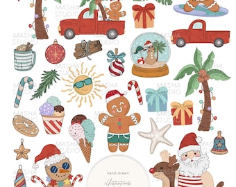 Christmas in July Clipart by Masha Studio, Cute Santa Claus PNG, Tropical Christmas, Sand Snowman, Christmas Palm Tree (Digital Download)