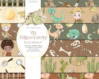 Masha Studio's Dinosaurs Digital Papers, Paleontology Patterns, Dino Backgrounds, Dinosaurs Surface Design, Archaeology Pattern
