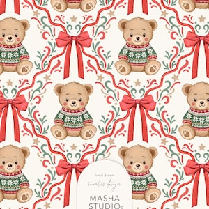 Naadloos patroon voor een kerstteddybeer van Masha Studio: Digitaal papier met rode strikken en traliewerk, handgetekende winterstofprint (digitale download)