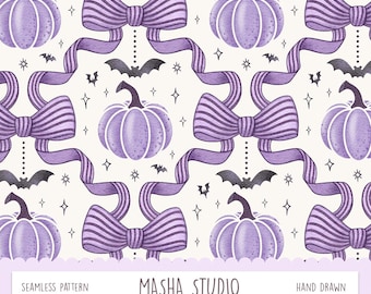 Coquette Halloween Bow Seamless Pattern by Masha Studio | Trellis Bows and Pumpkins Digital Paper for Commercial Use (Digital Download)
