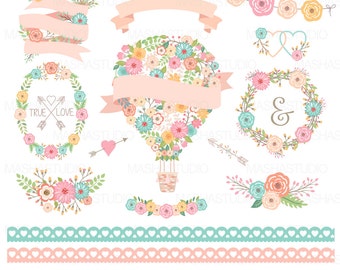 Flower balloon clipart: "Floral Balloon Clipart" with floral wreaths clipart, lace border clipart, ribbons, 16 images, 300 dpi, PNG files