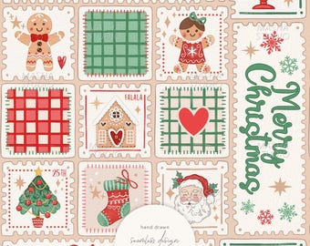 Cute Christmas Seamless Pattern by Masha Studio: Soft Beige and Red Checker, Gingerbread Man, House, Santa Claus, Gingham (Digital Download)