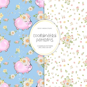May include: Two seamless patterns featuring a pink pig with a flower crown on a light blue background and a white background with pink, yellow, and white flowers.