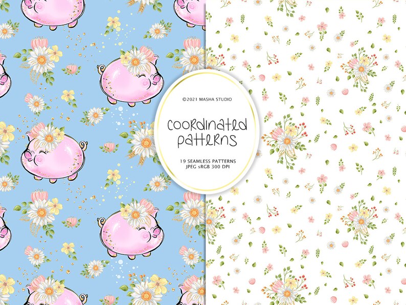 May include: Two seamless patterns featuring a pink pig with a flower crown on a light blue background and a white background with pink, yellow, and white flowers.